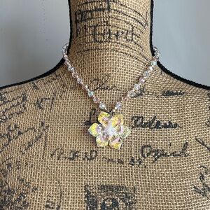 Iridescent Crystal Flower Pendant Necklace - Women Jewelry